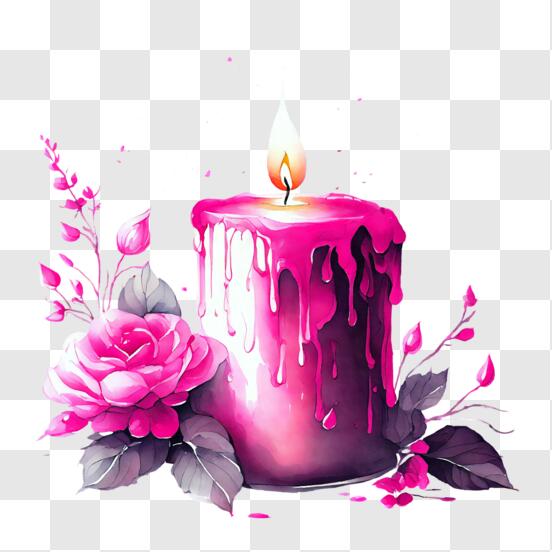 Pink Candle with Dripping Wax and Roses