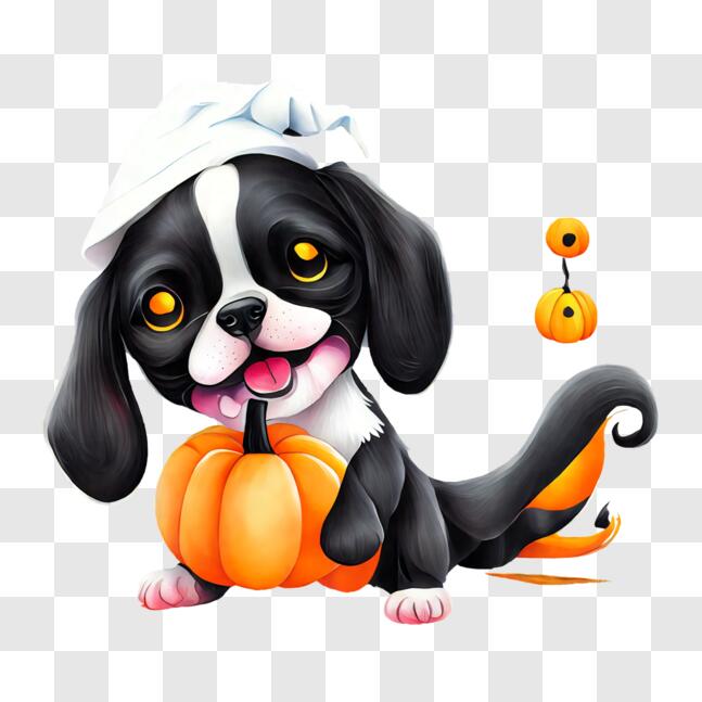 Download Black and White Dog Celebrating Halloween with a Pumpkin PNGs ...