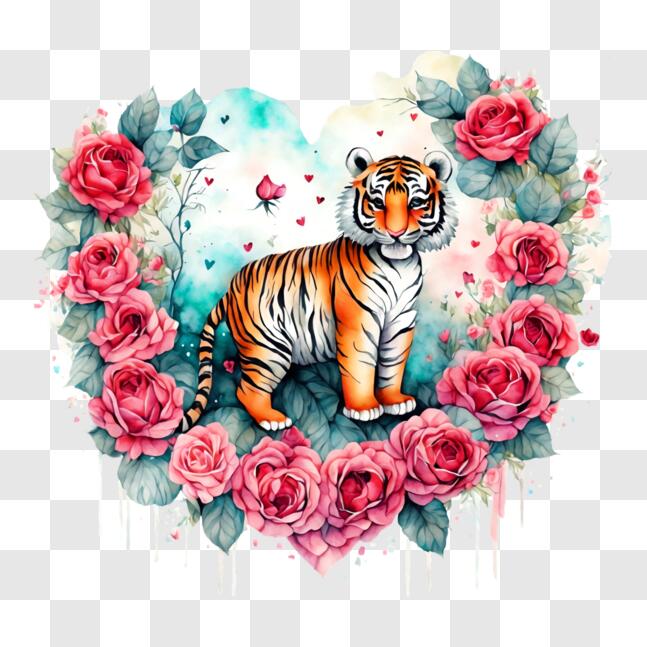 Download Tiger in Floral Heart Frame PNG Online - Creative Fabrica