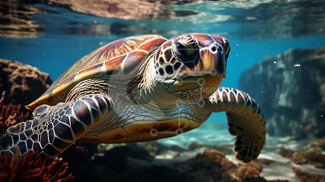 Sea Turtle Swimming in Clear Blue Waters with Colorful Coral Reefs ...