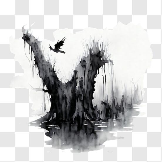 Cartoon tree branch with bird silhouette | Stock vector | Colourbox