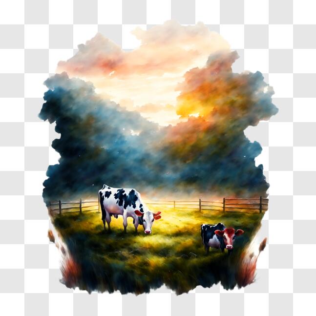 Download Idyllic Farm Setting with Cows Grazing at Sunset PNGs Online ...