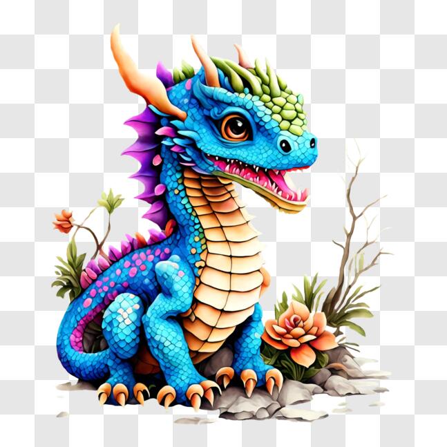 Download Blue and Purple Dragon with Flowers PNGs Online - Creative Fabrica