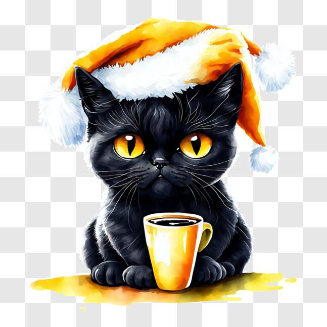 Download Adorable Black Cat in Santa Hat with Coffee PNG Online ...