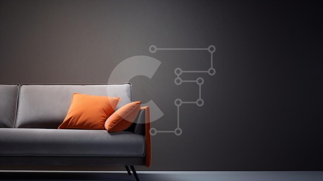 Minimalistic Home Interior with Gray Couch and Orange Pillows stock