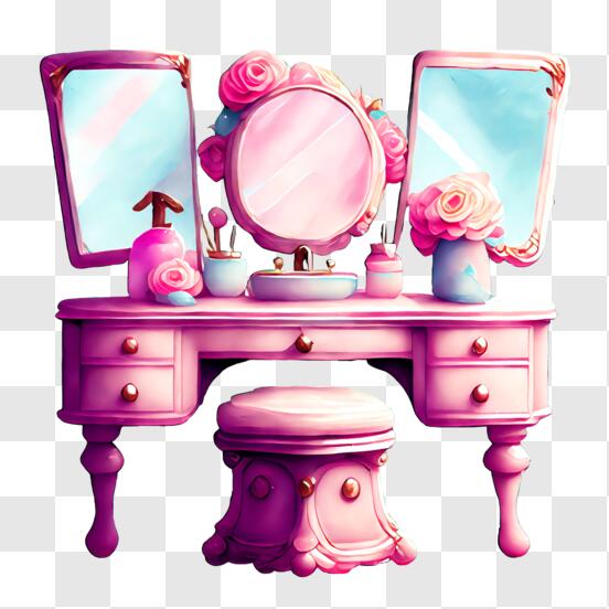Download Elegant Vanity Table with Pink Chair and Mirror PNG Online