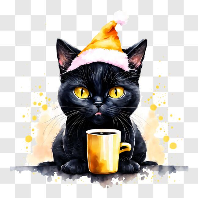 Download Curious Black Cat with Santa Hat and Coffee on Table PNG ...