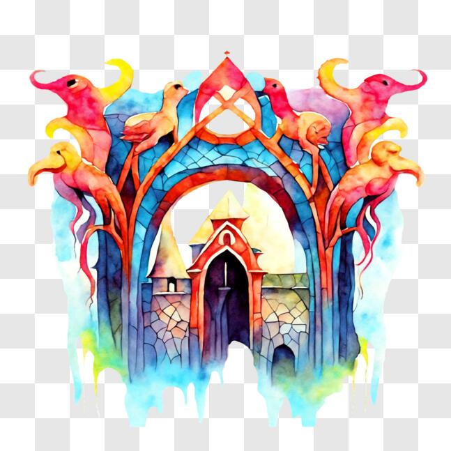 Download Colorful Archway with Mythical Creatures Painting PNG Online ...