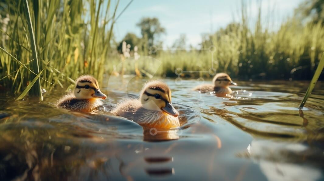 Baby Ducks in a Peaceful Pond stock photo Creative Fabrica