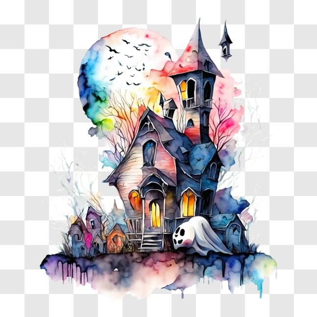 Download Watercolor Haunted House Painting for Halloween Decor PNG ...