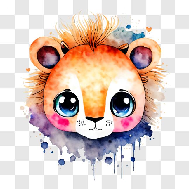 Download Cute Cartoon Lion's Head with Colorful Watercolor Splashes PNG ...