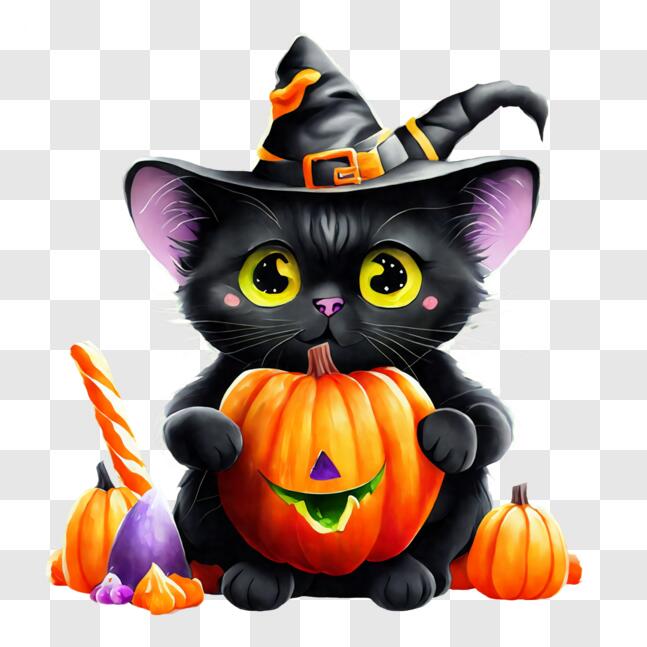 Download Black Cat in Halloween Costume with Pumpkin PNGs Online ...