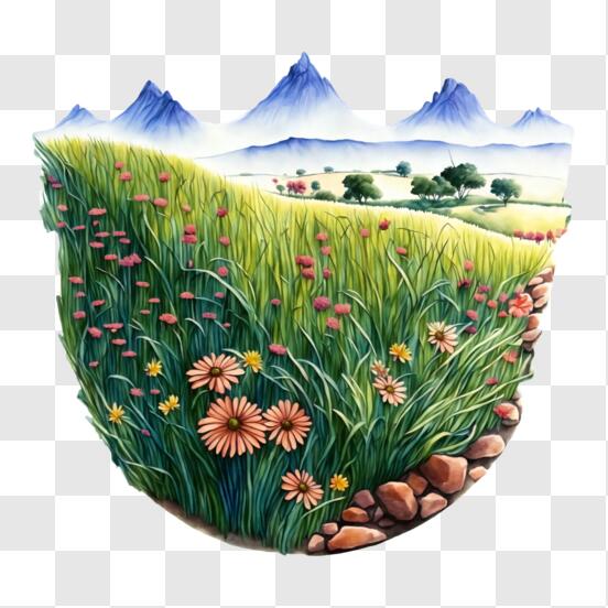 Scarica Quadro idilliaco di paesaggio con fiori, erba e montagne PNG Online  - Creative Fabrica