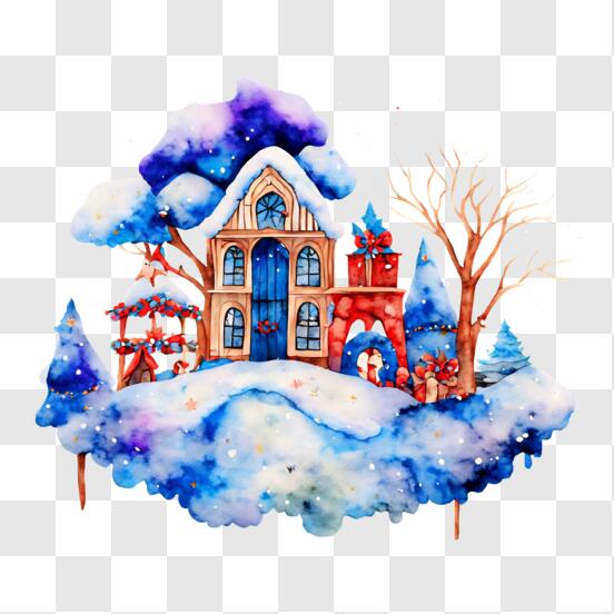 Download Snow-covered House in the Forest - Holiday Painting PNG Online ...