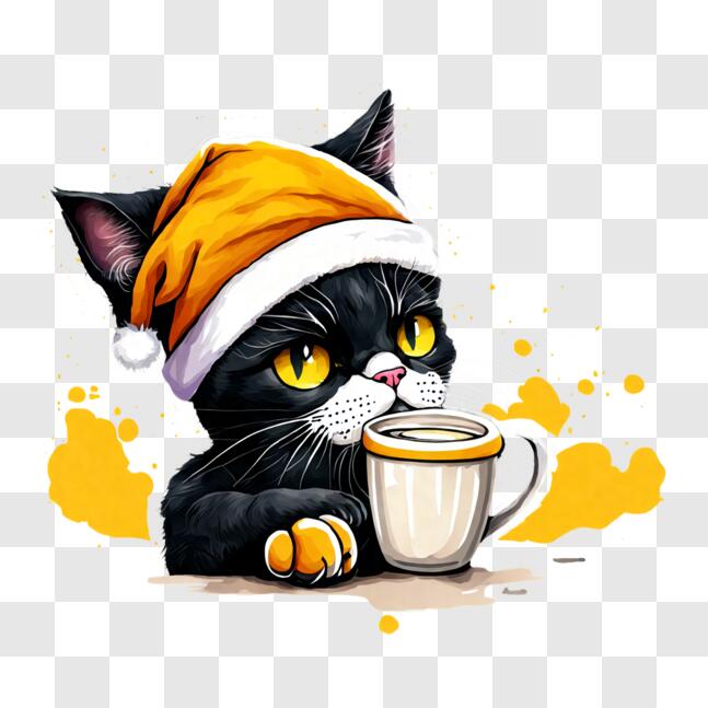 Download Cute Black Cat Enjoying a Cup of Coffee PNG Online - Creative ...