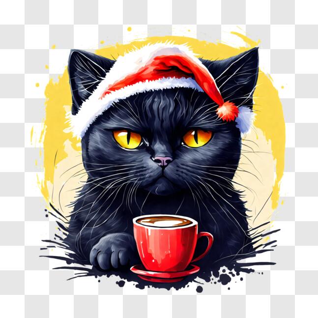 Download Whimsical Black Cat with Santa Hat and Coffee Cup PNG Online ...