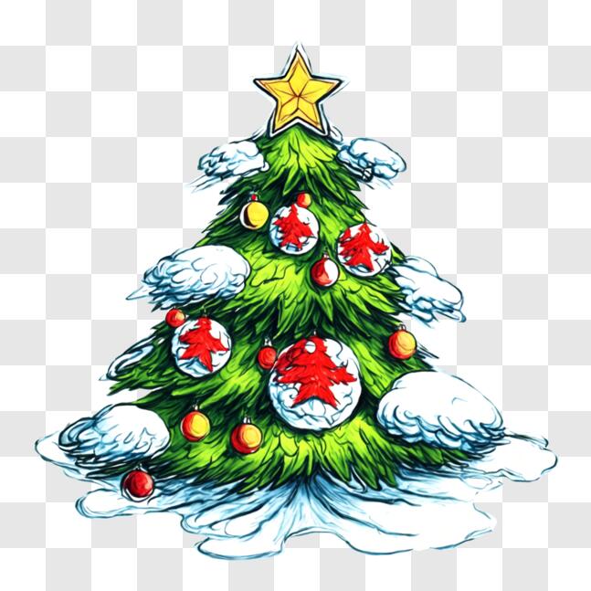 Download Cartoon Christmas Tree Decorated with Ornaments and Snowflakes ...