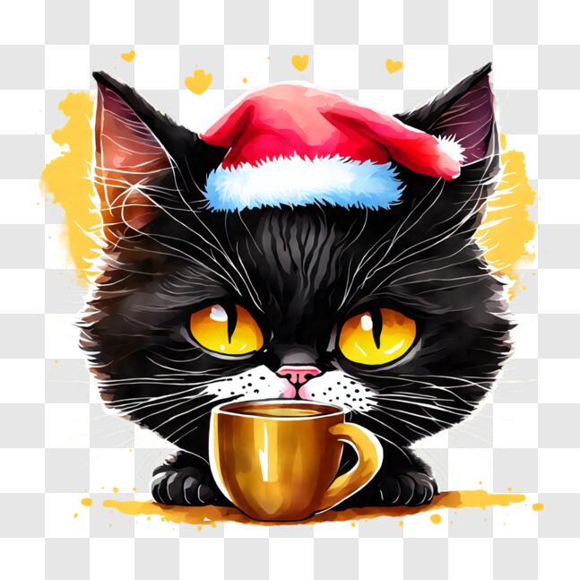 Download Cute Black Cat Enjoying a Hot Drink PNG Online - Creative Fabrica