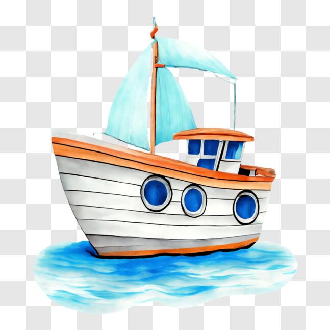 Download Old-fashioned Toy Boat with Blue and White Sails PNG