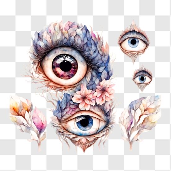 Scarica Pittura ad acquerello dell'occhio con elementi floreali PNG Online  - Creative Fabrica