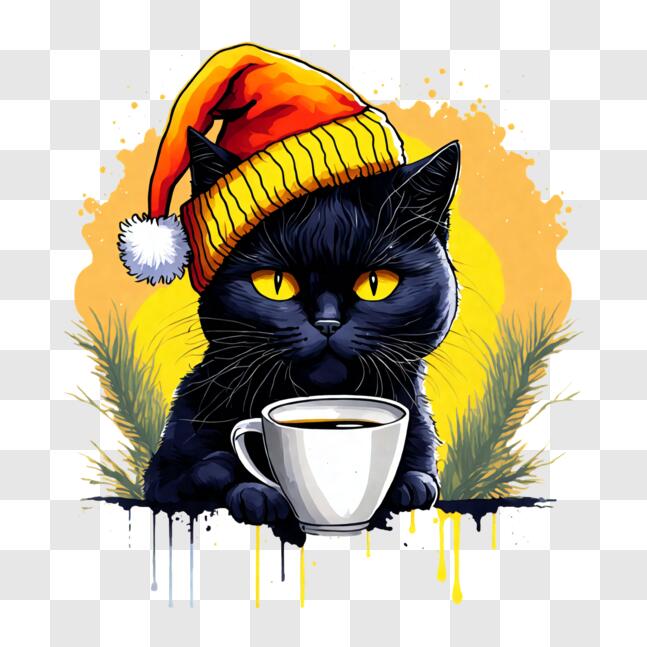 Download Festive Black Cat with Santa Hat Enjoying Coffee PNG Online ...