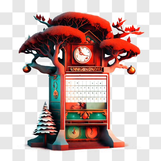 Download Christmas Clock Tower with Tree and Ornaments PNG Online