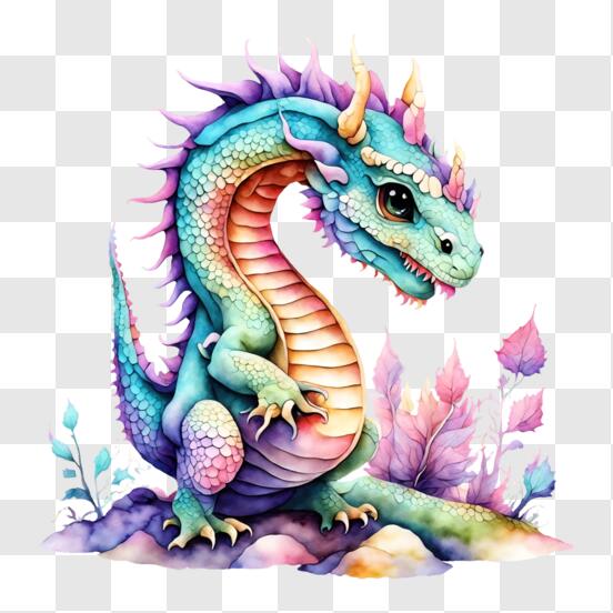 Un Dragon Avec Une Longue Queue Et Une Longue Queue Est Dans Un Arc-en-ciel  Coloré.
