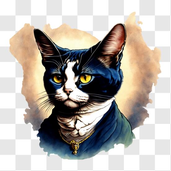 Um desenho de um gato preto e branco com um rosto branco e manchas pretas e  brancas.