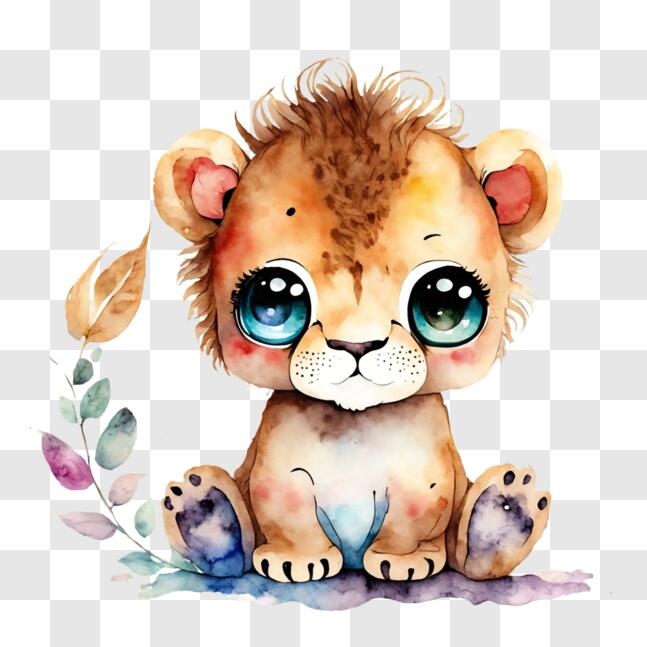 Download Adorable Lion Cub Sitting with Wide Eyes - Watercolor Painting ...