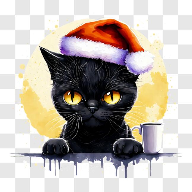 Download Festive Cat with Santa Claus Hat Sitting on Windowsill PNG