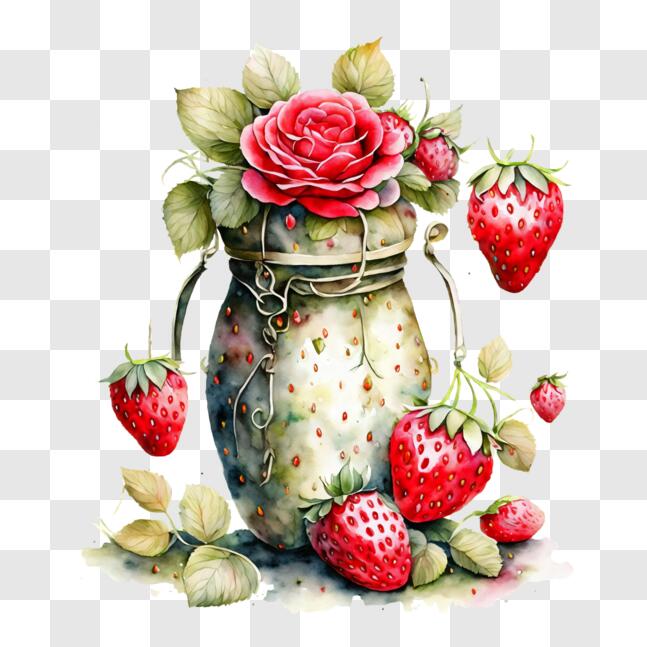 Download Mason Jar with Fresh Strawberries and Red Roses PNG Online ...