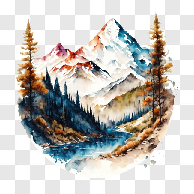 Download Nature Art Print or Poster - Mountains, Trees, and Water PNG ...