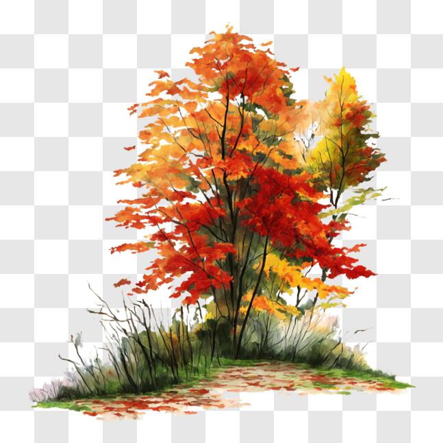 Download Beautiful Painting of Two Trees with Red and Yellow Leaves PNG ...