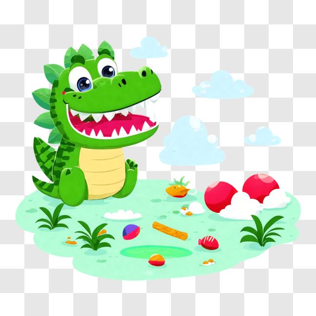 Download Cartoon Alligator Sitting in the Grass with an Egg PNG Online ...