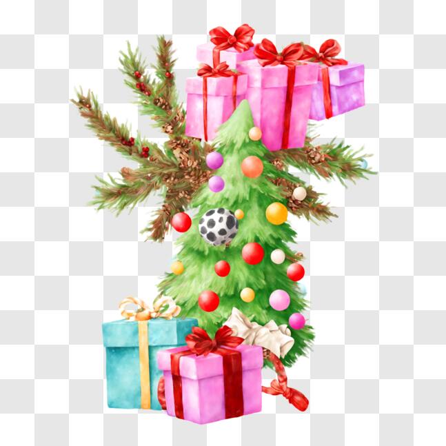 Download Festive Christmas Tree with Gifts and Soccer Ball PNG Online ...