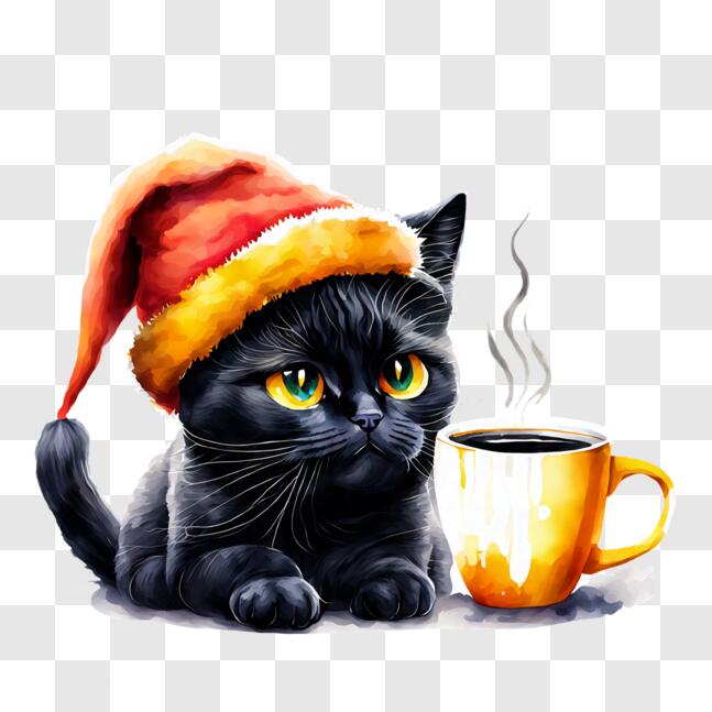 Download Adorable Black Cat in Santa Hat with Steaming Hot Chocolate ...