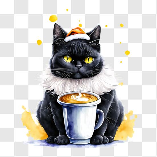 Scarica Gatto Nero con tazza di caffè espresso PNG Online - Creative Fabrica