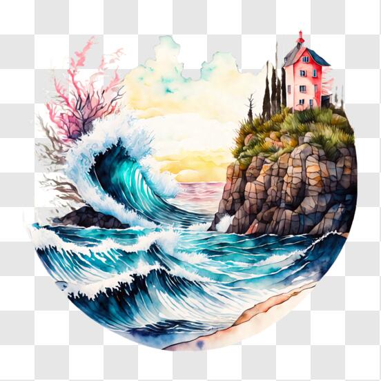 Scarica Bellissimo dipinto dell'oceano con onde che si infrangono sulla  riva PNG Online - Creative Fabrica