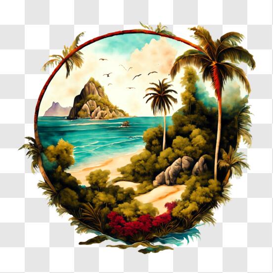 Download Idyllic Beach Scene Painting with Palm Trees and Waves PNG ...