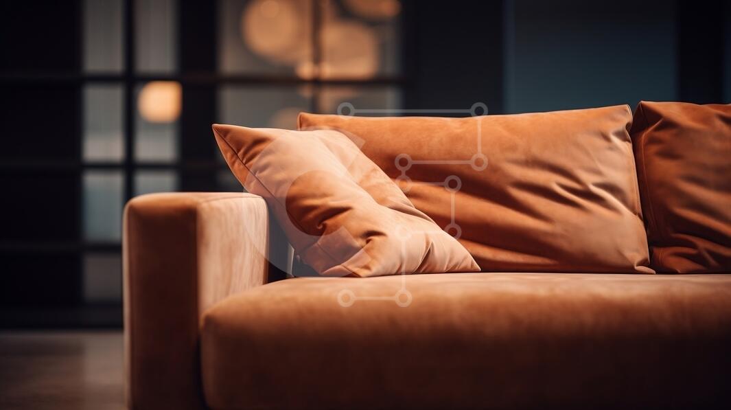 Cozy Brown Couch with Orange Pillows and Dim Lighting stock photo