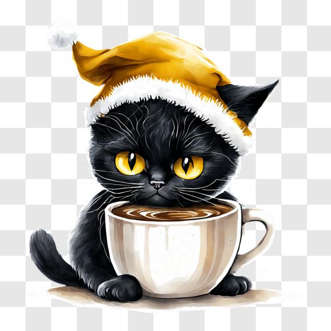 Download Adorable Black Cat with Santa Hat PNG Online - Creative Fabrica