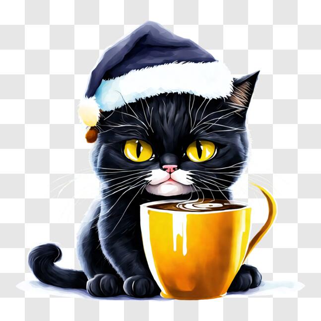 Download Black Cat Enjoying Coffee in Santa Hat PNG Online - Creative ...