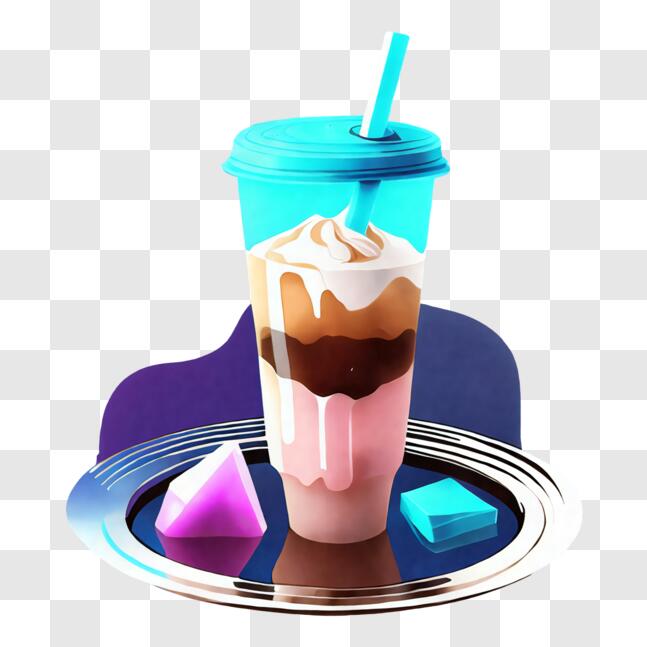 Um milk-shake com um canudo e um copo de sorvete.