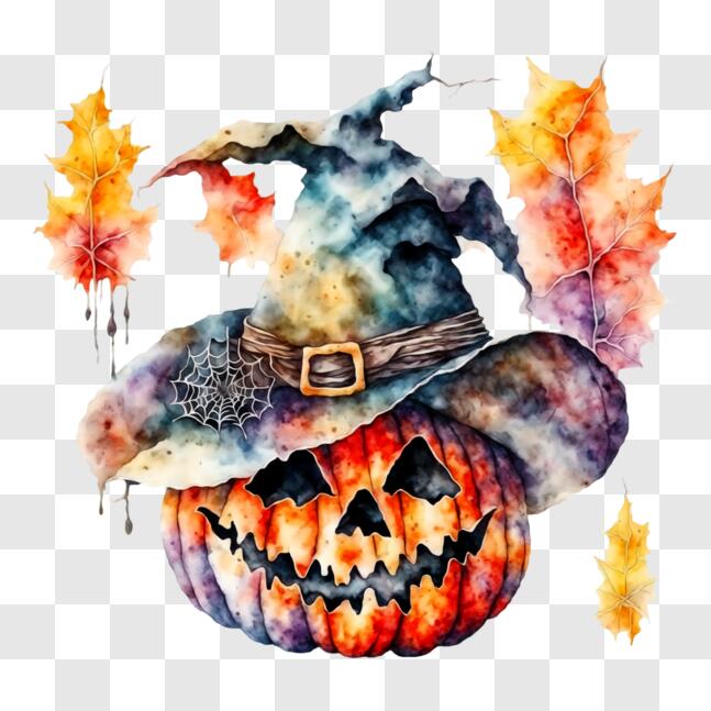 Download Watercolor Pumpkin Painting with Witch Hat PNGs Online ...