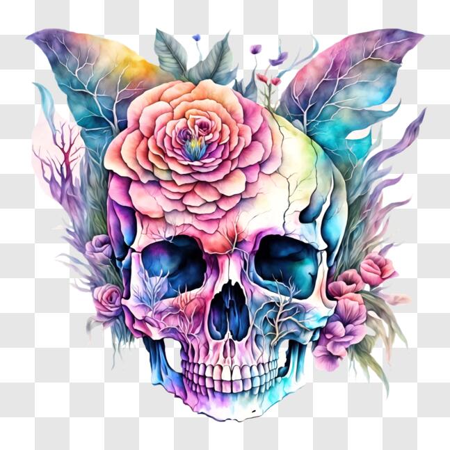 Download Colorful Skull with Flowers and Leaves Art PNGs