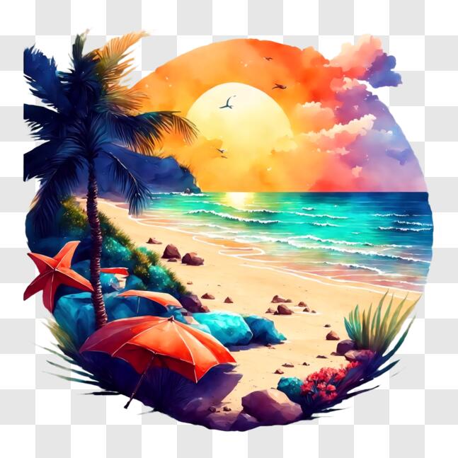 Download Beach Sunset with Palm Trees and Furniture PNG Online ...
