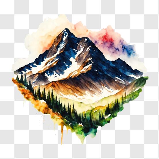 Télécharger Peinture à l'aquarelle de paysage de montagne PNG En