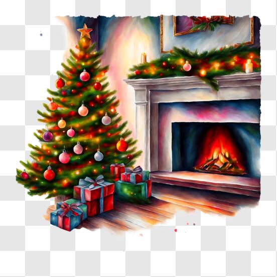 Festlicher Weihnachtsbaum am Kamin PNG online herunterladen – Creative  Fabrica