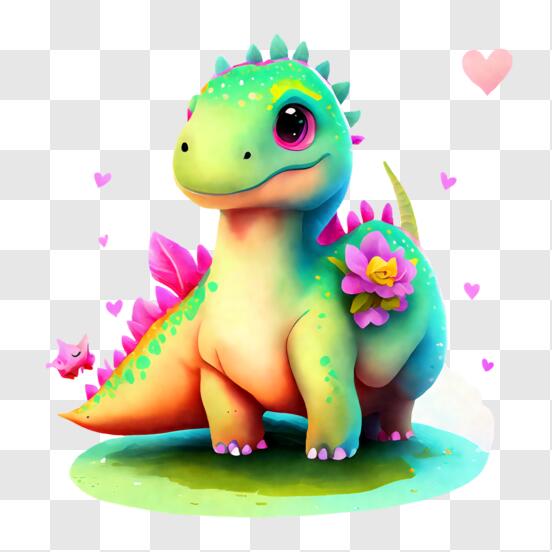 Linda garota dinossauro com flores e uma coroa de flores