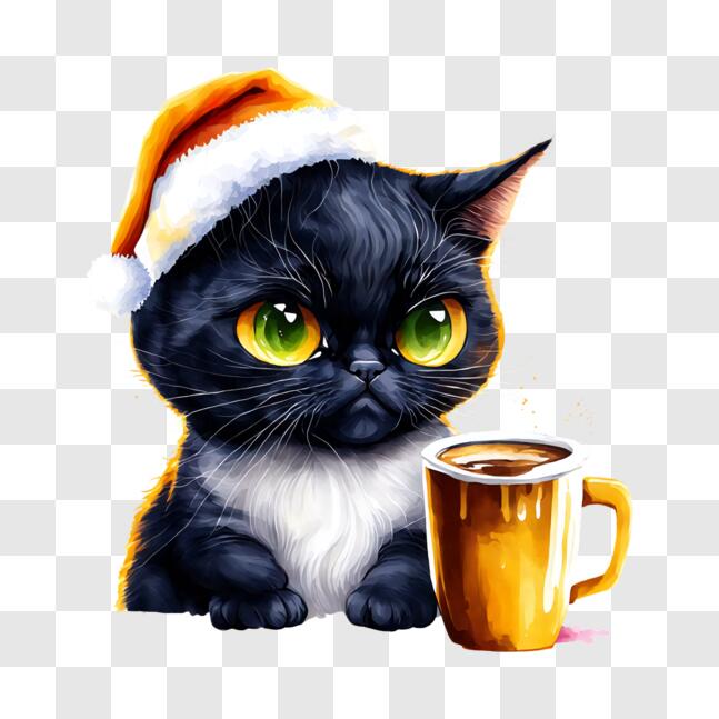 Download Cute Cat wearing Santa Claus Hat with Coffee Mug PNG Online ...